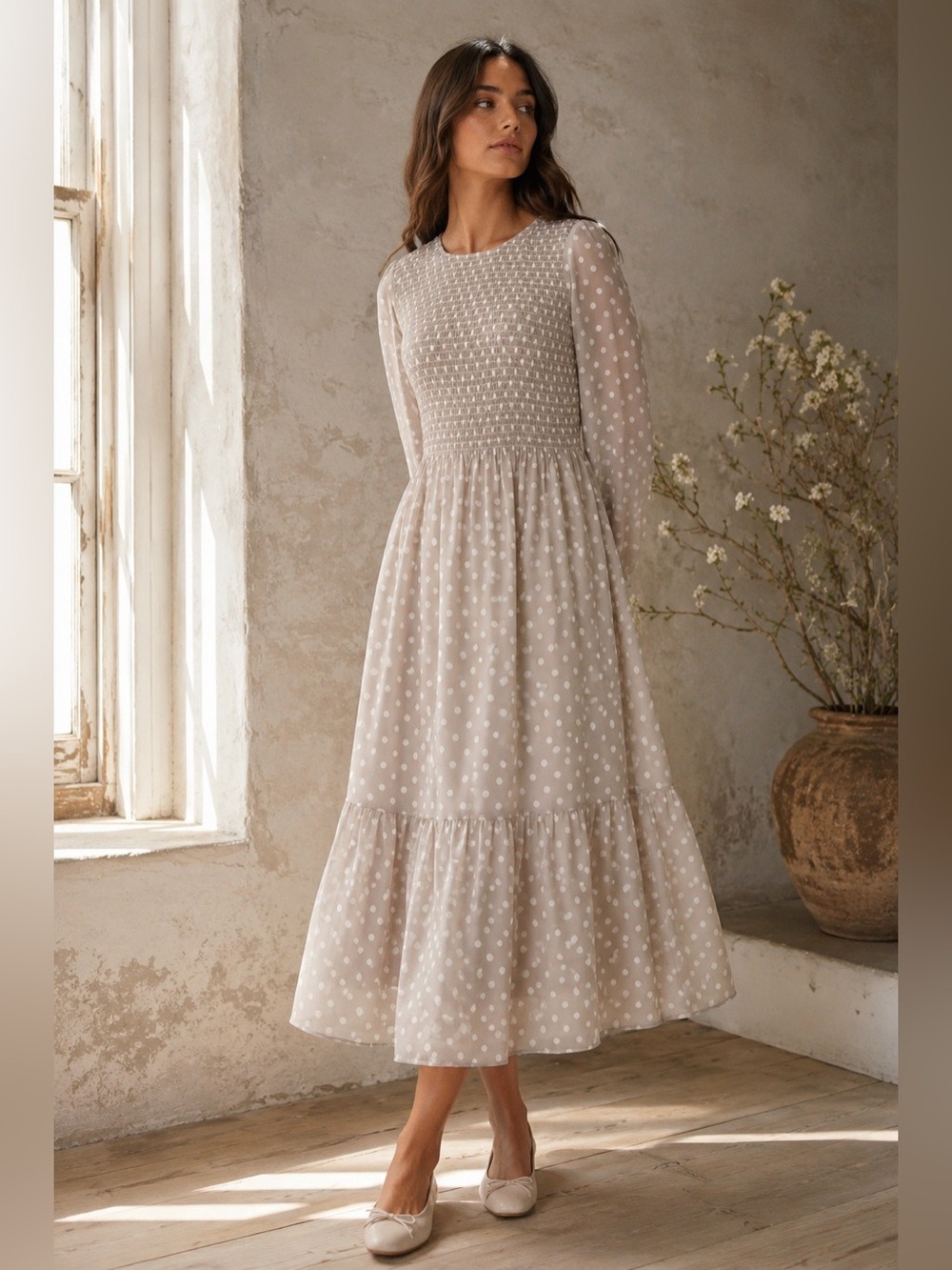 Taupe Polka Dot Smocked Midi Dress Cottagecore Long Sleeve Size S